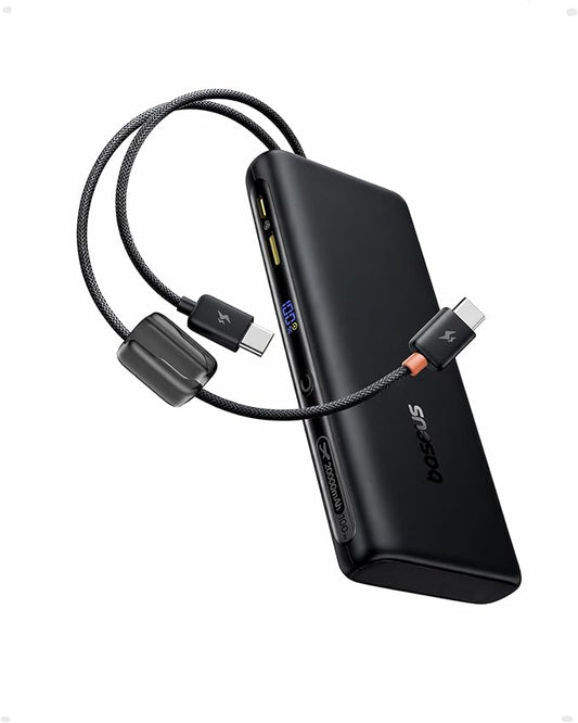 Baseus 100W Power Bank 20000mAh, Portable Laptop Charger with Built-in USB-C Dual Cables, Travel Essential PD QC Fast Charging for MacBook, iPad, iPhone 17/16, Samsung, Steam Deck, TSA-Approved