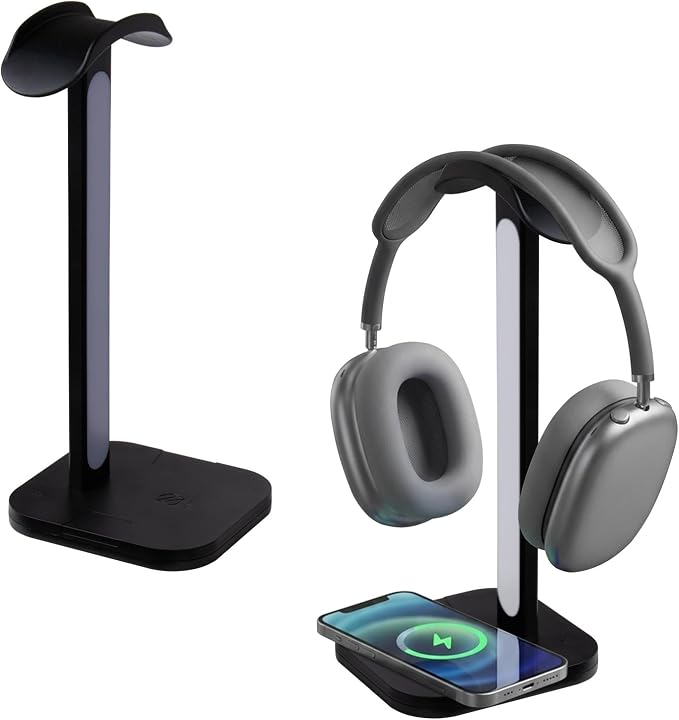 3 in 1 Gaming Headphone Stand with Wireless Charger, Desktop Headset Holder Hanger Rack, Wireless Charging Station Compatible for iPhone Series, PS5, Xbox, PC Gaming Desk Accessories