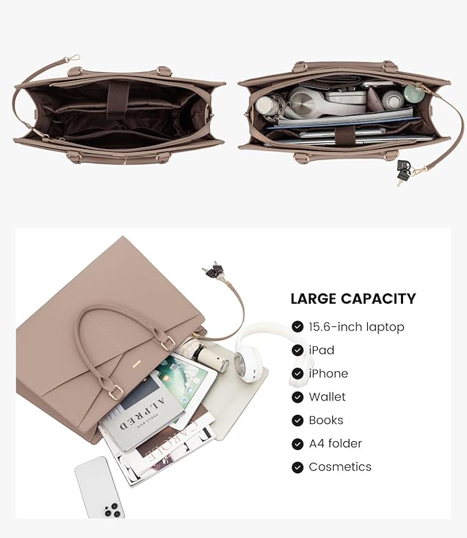LOVEVOOK Laptop Tote Bag for Women, Leather Business Office Work Bag Computer Briefcase with Small Clutch fit for 15.6 Inch Laptop,Light Khaki