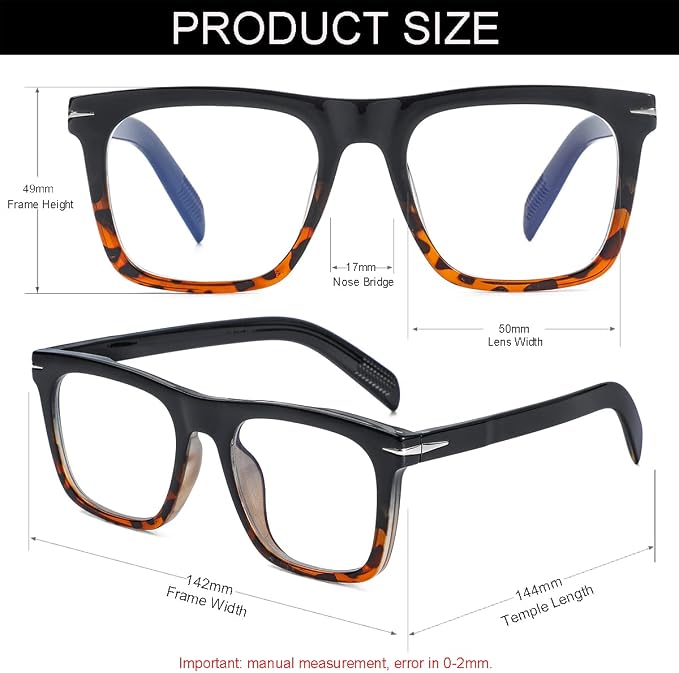 Trendy Square Blue Light Blocking Glasses for Men Women, Fashion Frame Non-prescription Computer Glasses (Black/Tortoise)