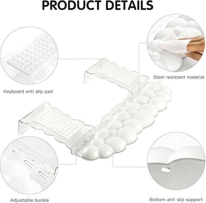 Ergonomic Keyboard Wrist Rest,Adjustable Tilt Stand Combo,White Acrylic Cloud Comfort Wrist Support, Customizable Width Riser for Home,Office Desk - Portable Comfortable Typing (White)