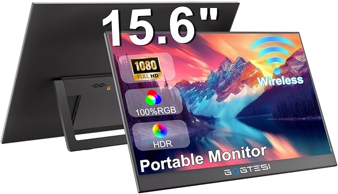 15.6 Inch Wireless Portable Monitor 1080P FHD Ultra Slim Display WiFi Connectivity 180° Adjustable Built-in Stand Lightweight Travel Monitor for Laptop/MAC/Phone/PS5