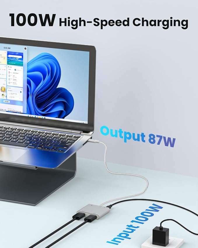 USB C to Dual HDTV Adapter, Silver 19.7in Braided Cable with 4K@60Hz with 100W PD, USB-A, Support C to 2 HD Splitter Extended Display for Type C Devices (MacOS only Mirrors Same Screen)