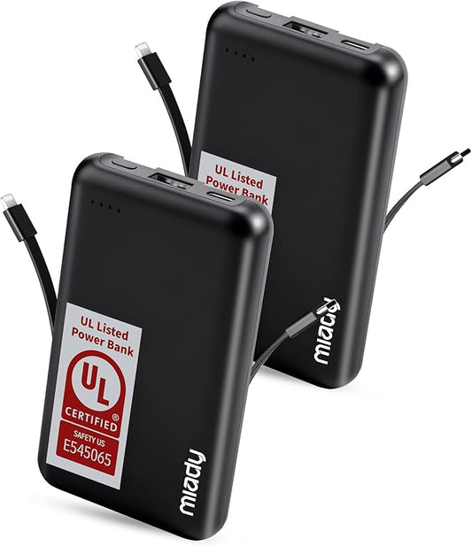 Miady 2-Pack UL Listed Small Portable Charger, 5000mAh Slim Power Bank Built-in 2 Cables Compatible with iPhone 17/16/15/14/13 Galaxy S24/S22 etc (2 Black)