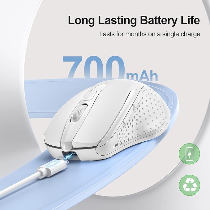 TECKNET Wireless Mouse Rechargeable, 2.4G USB-A Silent Mouse, Quiet Click, 6 Adjustable 4800 DPI, Cordless Computer Mice, Ergonomic Mice for Laptop, 6 Buttons for Chromebook, Ergo Grip - White