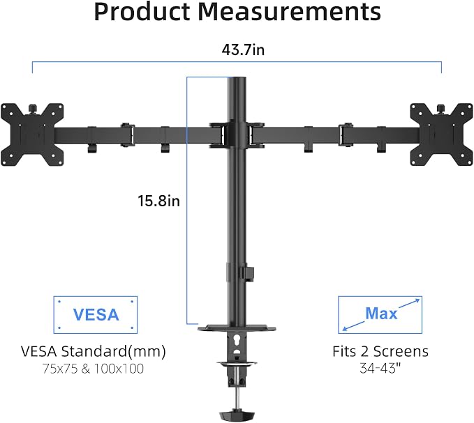 Suptek Dual Monitor Desk Mount, Adjustable Dual Monitor Arm for 2 Monitor Screens up to 43 inch, 15.75" Pole Monitor Stand for Desk, Holds up to 22 lbs, Black(MD9442LB)