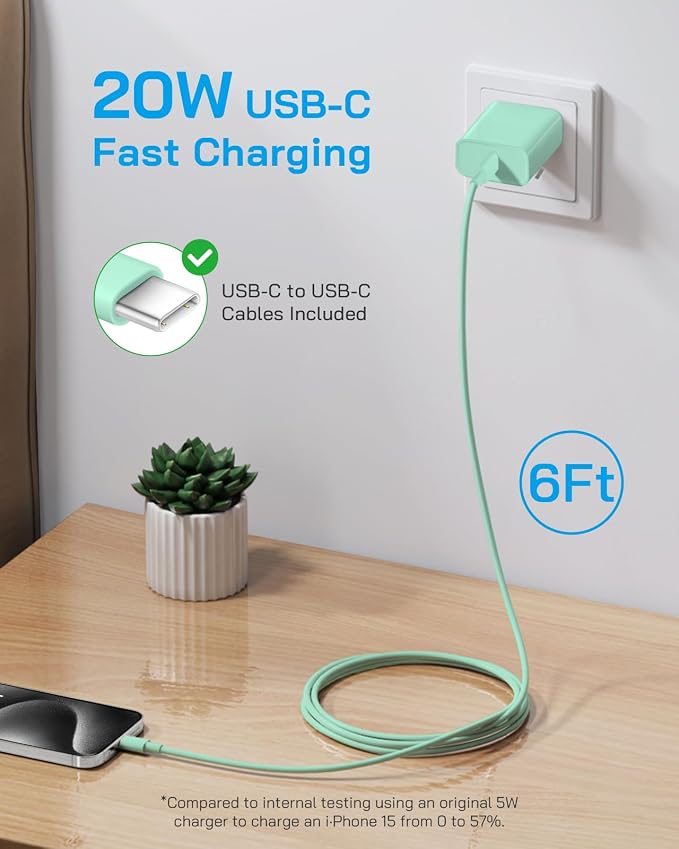 AISNI iPhone 17/16/15 Charger Fast Charging 3 Pack USBC Charger Block with 6 FT Type C Charger Fast Charging Cord Compatible with iPhone 17/17 Plus/17/16/15 Pro Max/16/16 Plus/15/iPad Pro-Green