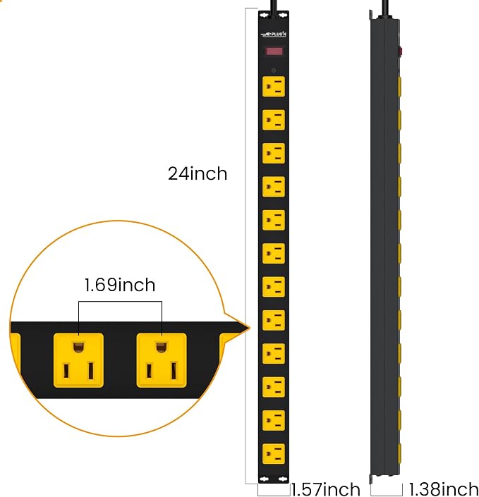12 Outlet Long Power Strip, 2100 Joules Surge Protector, 6FT Power Cord, Wide Spaced Outlet Power Bar, Overload Protection Switch, Industrial Heavy Duty for Work Bench, Shop, Garage…