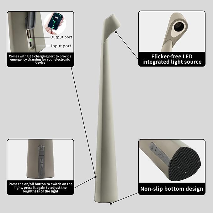 HAPYGI Portable Cordless LED Desk Lamp,Rechargeable Wireless Table Lamp, 3-Level Brightness, Patio Table Lamp, Bedside Night Light, Dining Room Ambient Light, Reading Light (Grey)