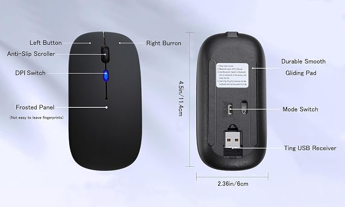 WREANU Wireless Bluetooth Mouse Rechargeable Laptop Mice with LED Lights Silent Slim Use(BT5.2 and 2.4G Portable USB) Dual Mode Computer Mouse for Laptop/iPad/Tablet/Apple/Computer/Mac (Black)