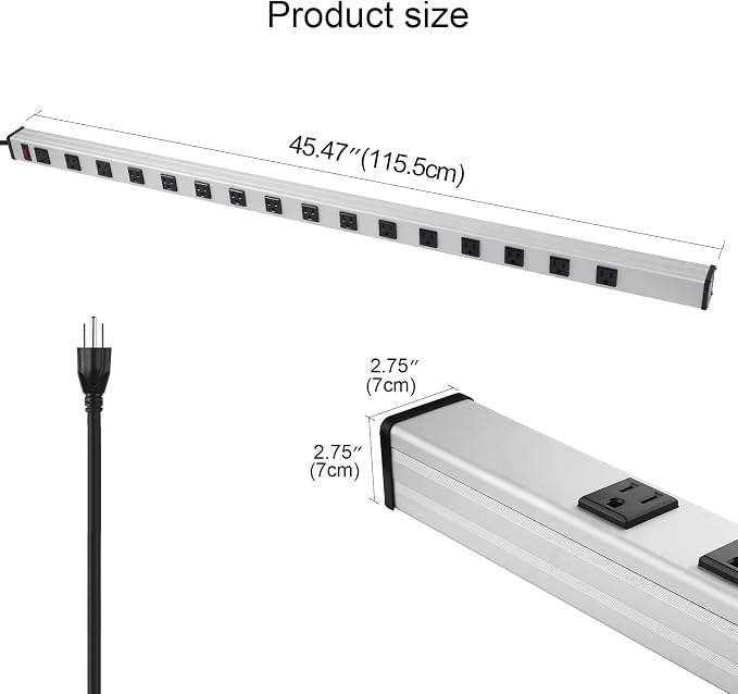 CCCEI Long Heavy Duty Metal Power Strip, 16 Outlet Large Industrial Multi Wide Strip for Garage Workshop, Extension Cord with Multiple Outlets, 15A, 125V, 1875W. 4 FT, Sliver.