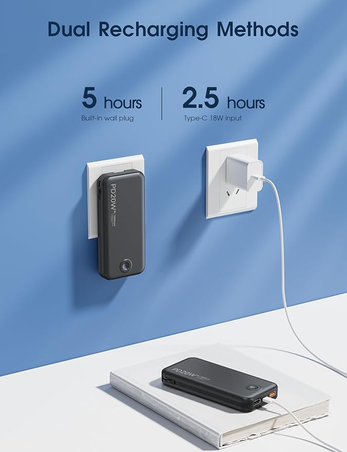 Portable Charger, 10000mAh PD20W Fast Charging Power Bank with Built-in Cables & Wall Plug, USB C Battery Phone Charger for iPhone