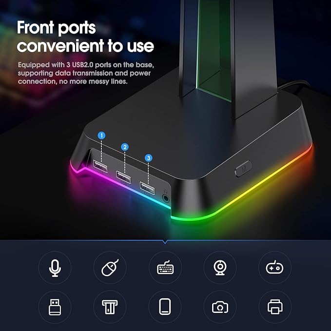 PHNIXGAM RGB Headphone Stand with 3.5mm AUX and 3 Port USB 2.0 Hub, Universal Gaming Headset Hanger Holder for Computer Gaming Gamer Accessories (Black)