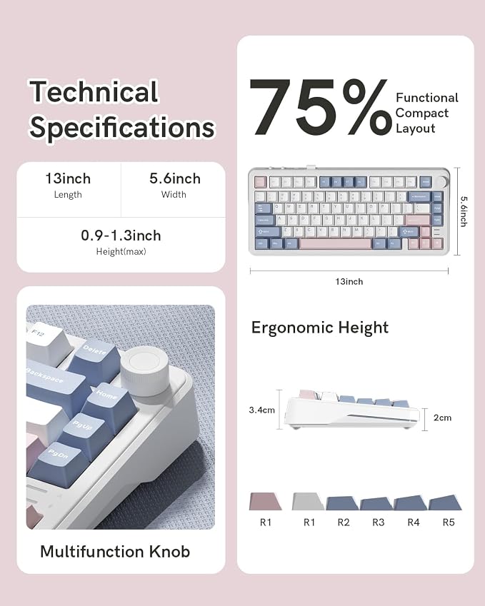 L75 75% Mechanical Keyboard, Wireless Gaming Keyboard with Multifunction Knob, Creamy Gasket Structure, Hot Swap, RGB Backlight, PBT Keycap, Custom Driver, Compact Layout for Win/Mac/PC