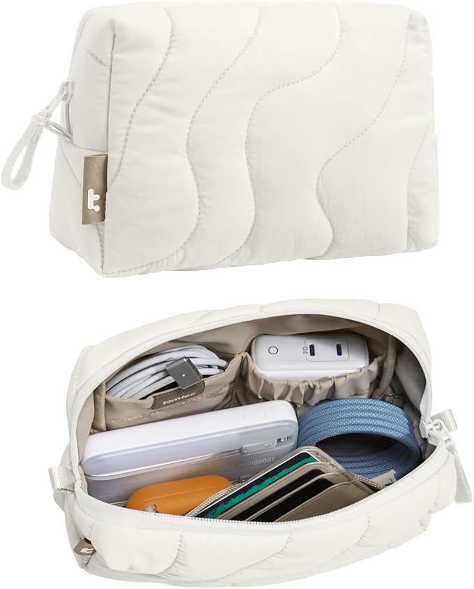 tomtoc Electronics Organizer Travel Case, Soft Puffy Organizer Bag Birthday Gifts Travel Essentials for Women Girls, Portable Accessory Tech Pouch Storage for Charger, Cord, Cable, Phone