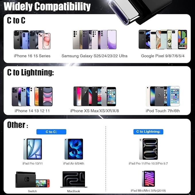 2 in 1 USB C to C Cable/Type C to Lightning Charger Cable 10ft, Long Type C to C and USB C to Lightning Charging Cord for Apple iPhone 17 Pro Max/17 Air/16 Plus/15/14 Pro/13/12 Mini/11/XS Max/iPad Air