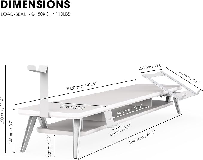 Fenge Dual Monitor Stand, Monitor Riser for 2 Monitors with Adjustable Laptop Riser , 42.5 Inch Desk Shelf for Top of Desk with Phone Holder& Headphone Stand