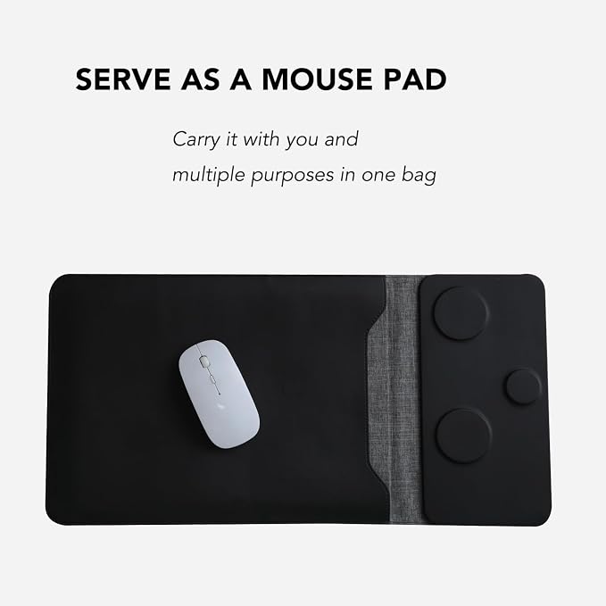 5-in-1 Laptop Sleeve with Wireless Charging for iPad MacBook Pro 12" 13" 14", Charge Mat for Phone Earbuds iWatch, Executive Office Organizer with Pocket, Waterproof Vegan Leather Case (Black)