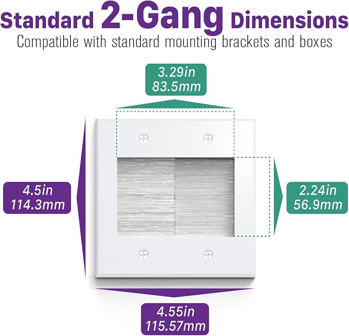 Fosmon 2-Gang Brush Wall Plate 2 Pack, Double Gang Cable Management Kit for Cable pass through, Wire Cord Hider for Wall Mounted TV, Coaxial, HDMI, Ethernet Speaker Low Voltage Wires - White