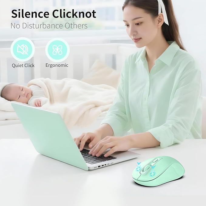 Wireless Mouse, 2026 New Model, Silent Click Ergonomic Design, Portable, 4 Buttons, Adjustable DPI (800/1200/1600), for Laptop/PC/Office (Green)