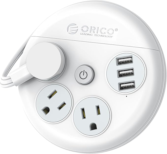 ORICO Travel Power Strip with USB Ports, 4 ft Flat Extension Cord 3 Outlets 3 USB Ports, Portable Flat Plug Power Strip Outlet Extender for Travel, Cruise Approved - White