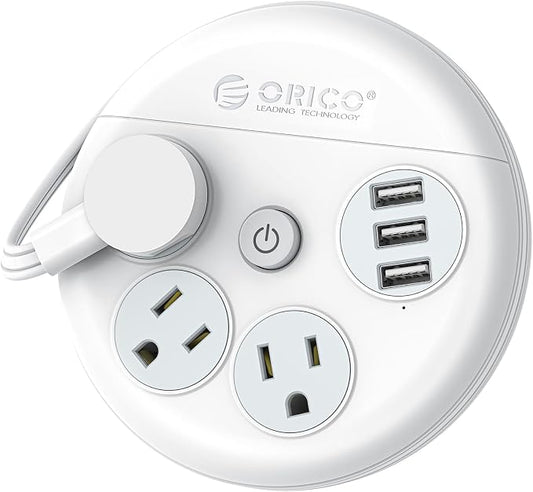 ORICO Travel Power Strip with USB Ports, 4 ft Flat Extension Cord 3 Outlets 3 USB Ports, Portable Flat Plug Power Strip Outlet Extender for Travel, Cruise Approved - White