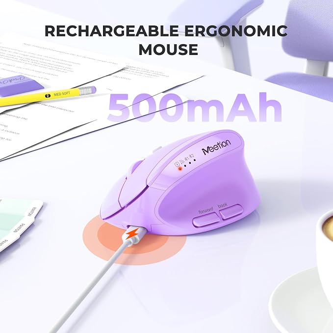 MEETION Ergonomic Mouse, Wireless Mouse, Bluetooth Vertical Rechargeable Mice, 4 Adjustable DPI 800-2400, Bluetooth 5.2+5.2+USB Mouse for Windows/Mac, for Laptop/PC/Desktop/Computer/iPad - Purple