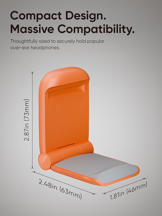 MAMUVIMO Headphone Stand, Headset Stand Foldable ＆ Sticky, Headphone Holder Hook Mount with Non-Slip Silicone, Adhesive Earphone Desk Hanger Clip Space-Saving for Airpods Max, All Earphones- Orange