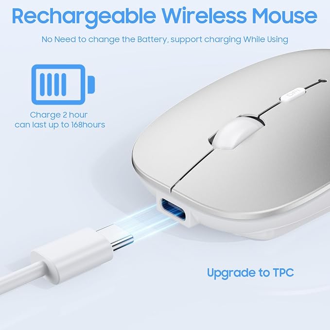 SUNGI Bluetooth Mouse for Laptop/MacBook/iPad/Android PC,Rechargable Quiet Slim Wireless Mouse Jiggler for Windows/Linux/Tablet,Silver