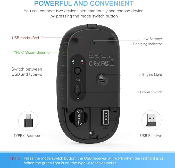 VssoPlor Type C Wireless Mouse USB C Rechargeable Portable Quiet Laptop Mouse USB and Type C Receiver Dual Mode Mice for PC, Laptop, MacBook, Tablet-Black Gold