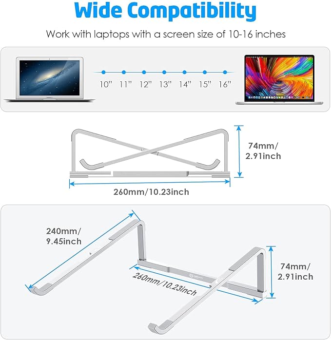 Laptop Stand for Desk - Foldable, Lightweight Aluminum Laptop Riser Holder, Portable Stand for 10-15.6” Laptops, Prevents Overheating with Non-Slip Rubbers, Travel-Friendly, Ergonomic Design