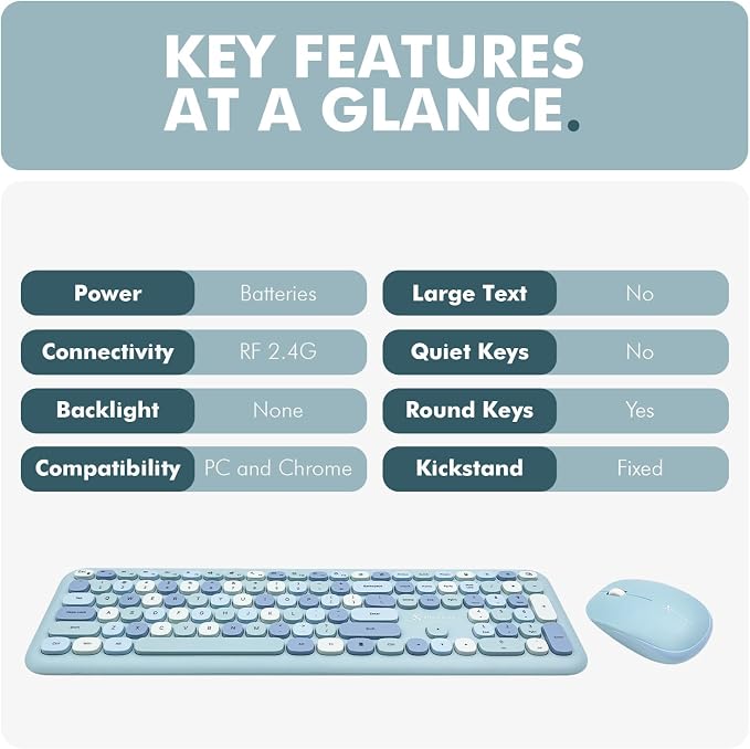 X9 Cute Wireless Keyboard and Mouse Combo - Retro Typewriter Keyboard and Mouse with Round Bubble Keys, 110 Keys and 18 Shortcuts Keyboard - Colorful Blue Keyboard Mouse Combo for PC Computer, Laptop