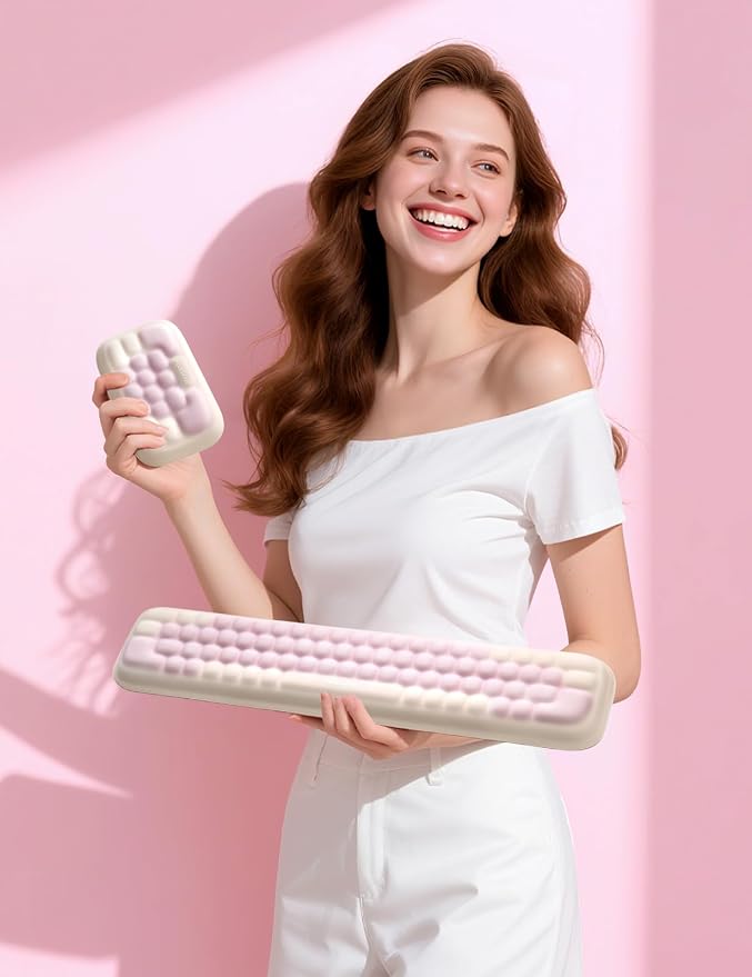 Meatanty Keyboard and Mouse Wrist Rest Set, Computer Wrist Pad Support, Ergonomic Keypad Hand Rest Combo, Memory Foam Typing Pink Desk Accessory Carpal Tunnel Cushion, Laptop Office Home School Women