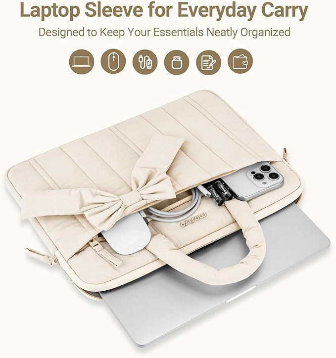 MOSISO Laptop Case 13.3 inch, 13-13.3 inch Puffy Laptop Sleeve Compatible with MacBook Neo/Air 13.6 M5 M4 M3 M2 M1/Pro 13/14, HP Dell ASUS Lenovo, Rectangle Quilted Carrying Bag with Bow&Handle, Sand