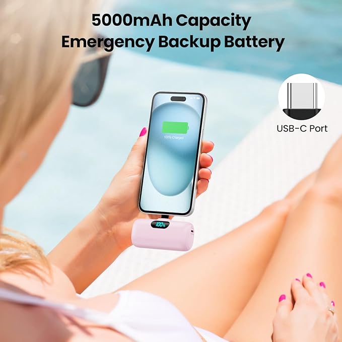 [2-Pack] Mini Portable Charger USB C Power Bank,Upgraded 5000mAh PD Fast Charging Battery Pack Built-in USB-C Connector Travel Essential for iPhone17/17Pro/17Pro Max/Air/16 Plus/16Pro Max/15 Series