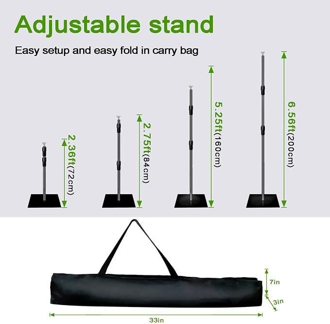 Green Screen Backdrop Kit, 8x10ft Metal Base Photo Studio Support System, Adjustable Backdrop Frame for Photography, Streaming, Weddings, Projector Screen, Tool-Free Setup & Portable Carry Bag