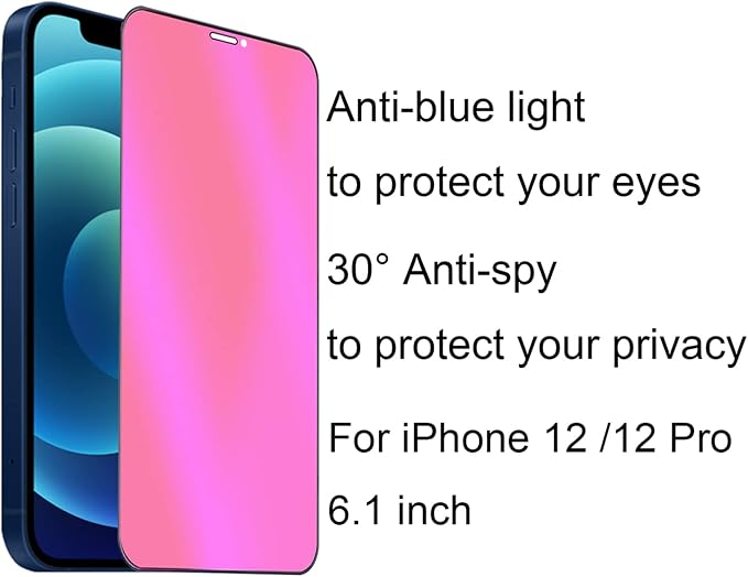 2 Pack Anti-Blue Privacy Tempered Glass Suit for iPhone 12 /iPhone 12 Pro Mirror Anti-Spy Screen Protector Anti-Peeping Film Electroplated Gradient Colorful 9H Hardness Anti-scratch 6.1 inch