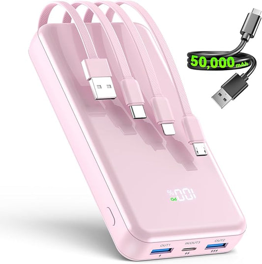 Portable Charger,50000mAh Power Bank Built-in Cable, 22.5W PD USB C In & Out Fast Charging, External Battery Pack with 6 Output & 2 Input, Travel Phone Charger for iPhone 17/16/15/14/13/12(Rosy)