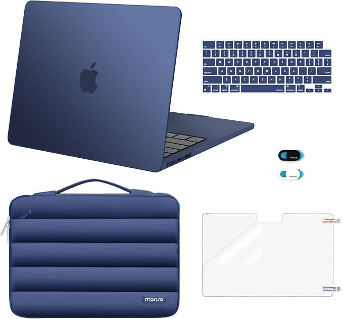 MOSISO Compatible with MacBook Air 13 inch Case M5 2026 M4 2025 M3 M2 2024-2022 A3449 A3240 A3113 A2681, Hard Case&Puffy Bag&Keyboard Cover&Webcam Cover&ScreenFilm for MacBook Air 13.6, Midnight