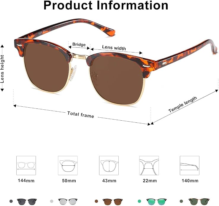 SOJOS Retro Semi Rimless Polarized Sunglasses Horn Rimmed UV400 Glasses SJ5018, Yellow Tortoise Frame/Green Lens
