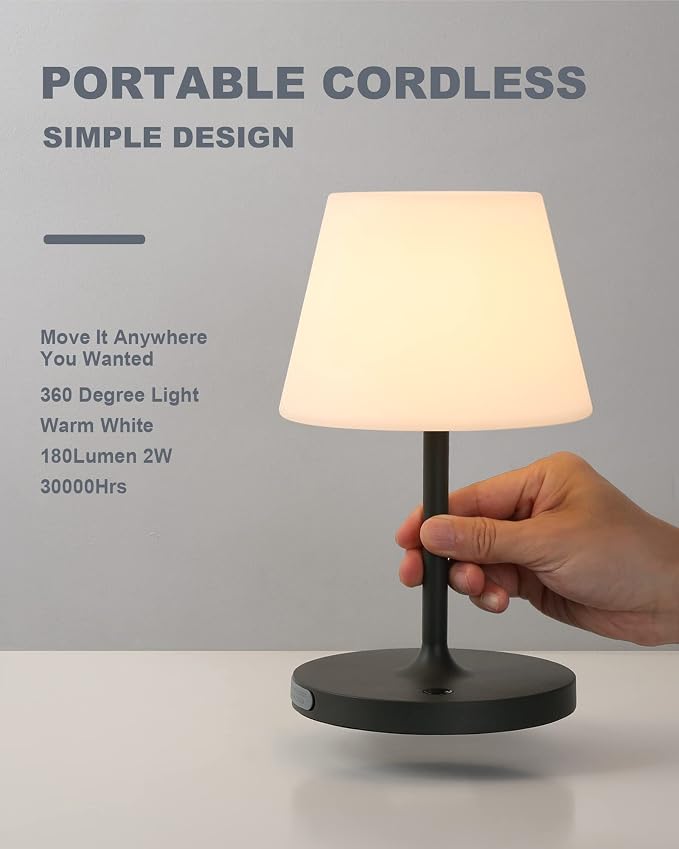 WEILAILUX Outdoor Battery Operated Table Lamp Waterproof, 4000mAh Cordless Table Lamp Rechargeable, Touch Dimmable Desk Lamp, LED Night Light for Patio Camping Restaurant Home, H9.6in, Dark Grey