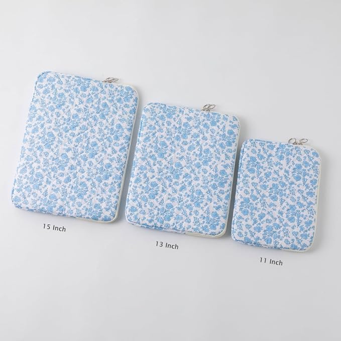 Puffy Laptop Sleeve 13-15.6 Inch Cute Quilted Laptop Protective Case Padded Floral Computer Sleeve for MacBook (B-Blue, 15 Inch)