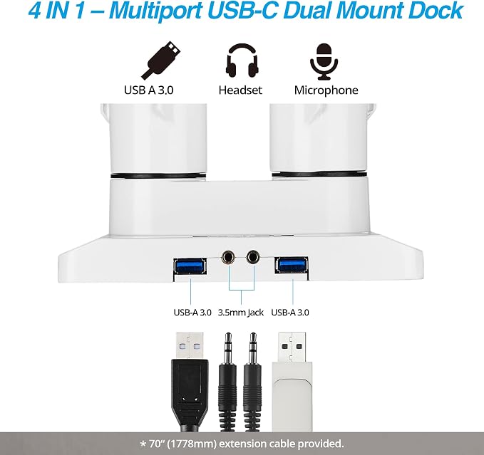 AVLT Dual Monitor Arm Desk Mount for 13"–43" Flat/Curved Screens with USB-A Pass-Through, Full Motion Height Adjustable Swivel Tilt Rotation VESA/C-Clamp/Grommet/Cable Management, White