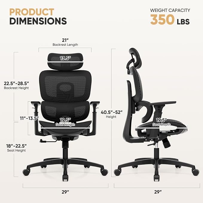 Magshion Ergonomic Mesh Office Chair, Swivel Executive Chair with Adjustable Headrest, 3D Armrests, Tilt Lock and Lumbar Support, Desk Chair for Home Office, 350 LBS Capacity, Black