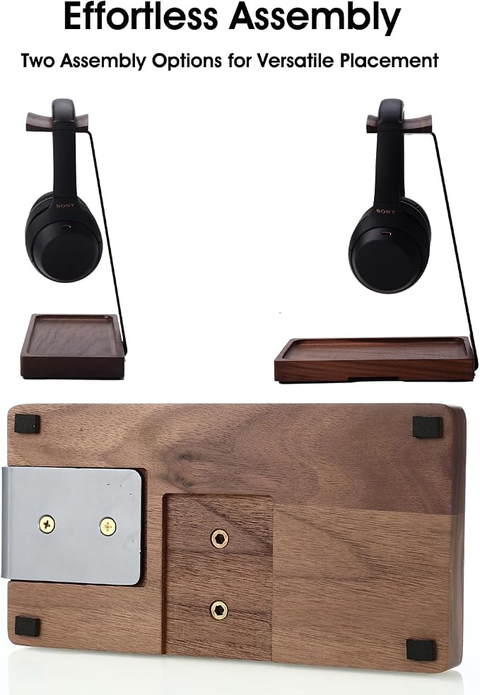 Walnut Headphone Stand, Wooden Headset Stand for Desk, Wood Gaming Headphone Holder with Storage Base for Airpod max, Bose, Razer, Sennheiser, Jabra, JBL, AKG, Vintage Gift for Men, Grey