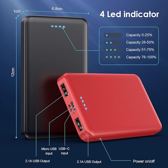 [2 Pack] Portable Charger Power Bank 10000mAh,Ultra Slim Compact External Battery Pack with USB C Input & Dual USB Outputs Backup Charger Compatible with iPhone 13,12, Samsung S20,Tablet-Black+Red