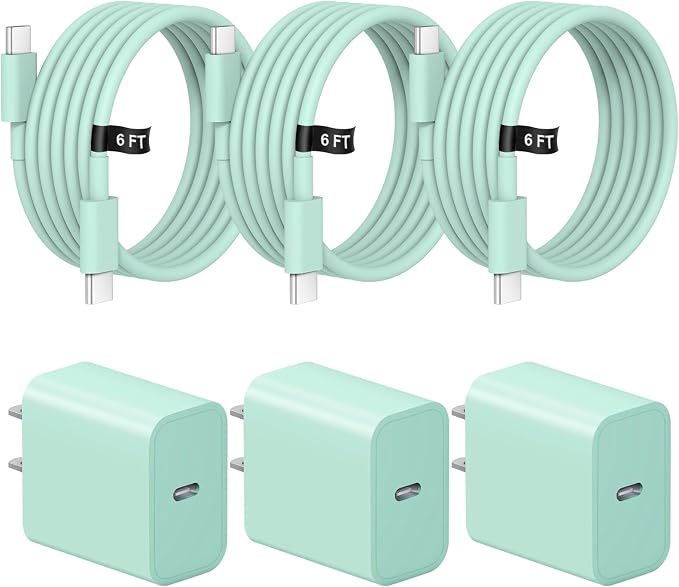 iPhone 17 16 15 Charger Fast Charging 3 Pack USB C Charger Block Type C Chargers 6FT Cord Wall Chargers Compatible with iPhone Air/17/17 Plus/17 Pro/17 Pro Max/16/16 Plus/16 Pro/16 Pro (Green)