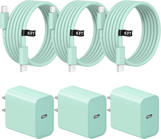 iPhone 17 16 15 Charger Fast Charging 3 Pack USB C Charger Block Type C Chargers 6FT Cord Wall Chargers Compatible with iPhone Air/17/17 Plus/17 Pro/17 Pro Max/16/16 Plus/16 Pro/16 Pro (Green)
