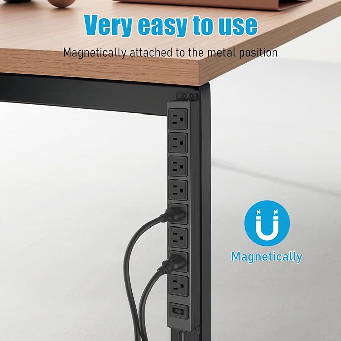 HHSOET Magnetic Mount Power Strip, 8 Outlet Mountable Socket, Metal Heavy Duty Surge Protector, Gaming Table Outlet, Easy to Fix Without Drilling or Taping, 15FT Extension Cord.(Black)