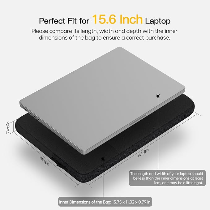 15.6 16 inch Laptop Sleeve Case for HP Omnibook 16, HP Envy, Pavilion 15, ASUS VivoBook 15 16 16X, Acer Aspire 15.6,Lenovo Ideapad 3 15, Dell Inspiron 16 Comptuer Bag -Black